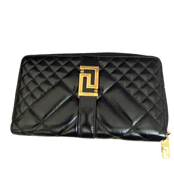 VERSACE QUILTED BLACK LEATHER ZIP AROUND LONG WALLET, 1007135 - Picture 1 of 15